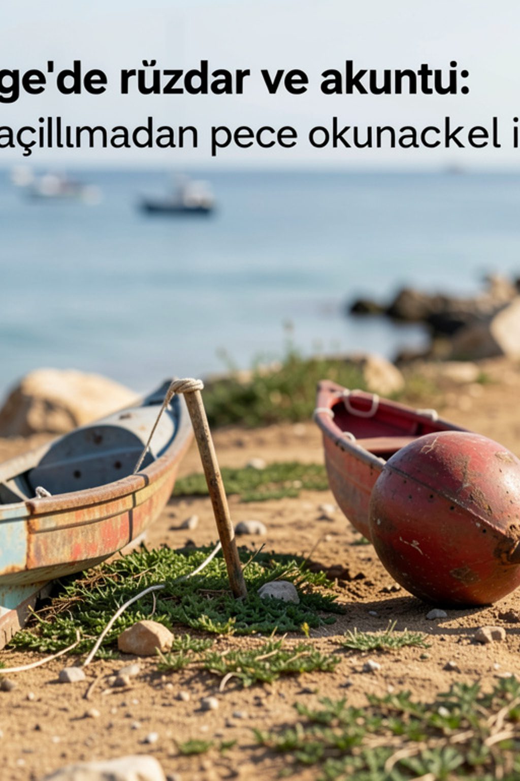Küçük bir iskeleye bağlı ahşap bir balıkçı teknesi, hafif dalgalı su üzerinde kıyıya dönük başı ve arka planda burnun kıyı şeridi