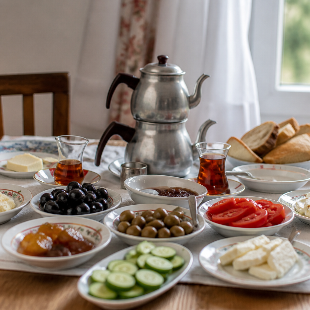 Ev usulü bir kahvaltı sofrası: küçük tabaklarda beyaz peynir, siyah zeytin, domates, ev reçelleri ve ortada demlikte çay
